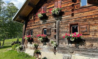 Ein charmantes Holzhaus mit blühenden Pflanzen vor den Fenstern. Das Gebäude ist umgeben von grüner Wiese und Bäumen. | © Untere Wiesalpe | Jennifer Opitz
