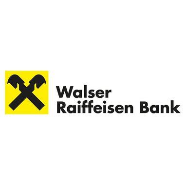 A logo of the Walser Raiffeisen Bank with a yellow background and simple graphic symbols. The name of the bank is clearly visible below. | © Walser Raiffeisen Bank AG Logo