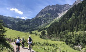 Eine Gruppe von Radfahrern fährt durch eine malerische Berglandschaft. Die grünen Wiesen und die majestätischen Berge schaffen eine wunderschöne Atmosphäre. | © WalserBike Tours | Christian Gutermuth