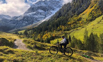 Ein Radfahrer fährt durch eine grüne Landschaft mit Bergen im Hintergrund. Die Szene zeigt eine Mischung aus Wäldern und Wiesen unter einem klaren Himmel. | © WalserBike Tours | Christian Gutermuth