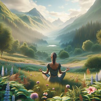 Eine Frau sitzt im Gras und meditiert in einer malerischen Berglandschaft. Hinter ihr erstrecken sich grüne Täler und majestätische Berge unter einem klaren Himmel. | © Achtsamkeit Bild KI erstellt