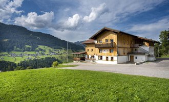 A beautiful wooden house in the mountains with green meadows. The sky is partly cloudy and the landscape appears peaceful. | © Wildentalhütte | Theodor Pinn