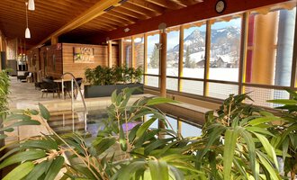 Ein eleganter Wellnessbereich mit einem kleinen Pool und Pflanzen. Große Fenster bieten einen Blick auf die umliegenden Berge. | © WONNEMAR Sonthofen | Julia Sondergelt