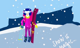 Ein fröhlicher Skifahrer steht auf einer schneebedeckten Piste. Der Himmel ist blau, und es schneit leicht.