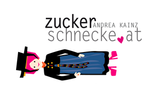 Ein stilisiertes Logo mit einer Figur in traditioneller Kleidung und einem Zylinderhut. Der Text "zucker schnecke" und der Name "Andrea Kainz" sind deutlich sichtbar.