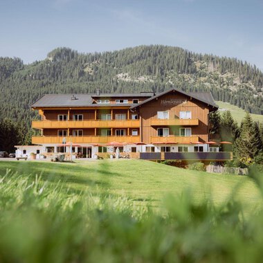 Ein gemütliches Holzhaus inmitten grüner Wiesen und umgeben von Bergen. Die sonnige Umgebung lädt zum Entspannen ein.