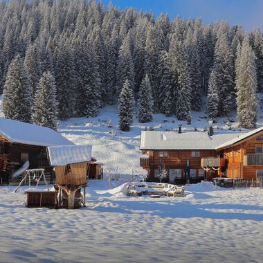 Schneebedeckte Hütten in einer winterlichen Landschaft, umgeben von hohen, grünen Bäumen. Der Himmel ist klar und die Sonne scheint.