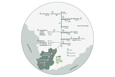Karte des österreichischen Bundeslandes Vorarlberg mit markierten Städten und Entfernungen nach Deutschland. | © Kleinwalsertal Tourismus eGen 