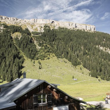 Landschaftsaufnahme im Schwarzwald mit einer Berghütte im Vordergrund, grünen Wiesen und einem bewaldeten Hang, blauer Himmel und Wolken. | © Kleinwalsertal Tourismus eGen • Fotograf: Andre Tappe