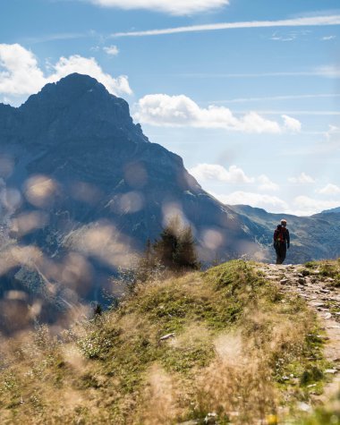 Ein Wanderer geht auf einem Pfad in den Bergen im Schwarzwald bei schönem Wetter, umgeben von grünem Gras und Bergen im Hintergrund. | © Kleinwalsertal Tourismus eGen • Fotograf: Andre Tappe