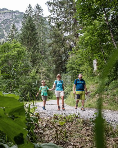 Familie wandert auf einem Wanderweg im Gemsteltal, umgeben von grünen Bäumen und Bergen im Hintergrund. | © Kleinwalsertal Tourismus eGen • Fotograf: Bastian Morell