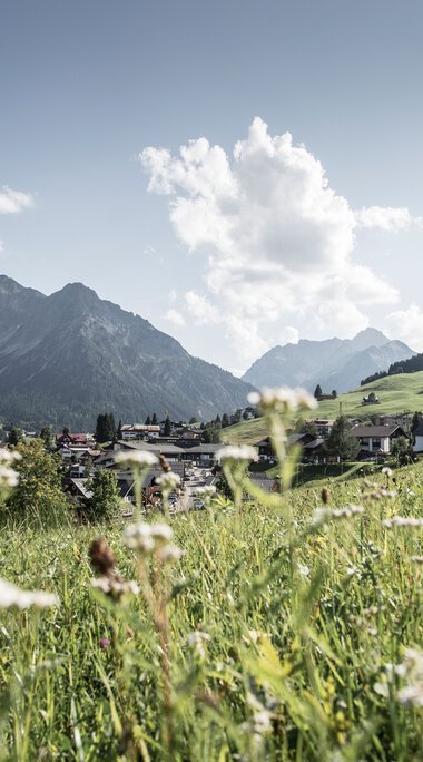Panoramablick auf Hirschegg mit grünen Wiesen, Häusern und Bergen im Hintergrund bei sonnigem Wetter | © Kleinwalsertal Tourismus eGen • Fotograf: Dominik Berchtold