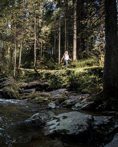 Eine Person wandert entlang eines kleinen Flusses im dichten Wald mit hohen Bäumen, Sonnenlicht filtert durch das Laub. | © Kleinwalsertal Tourismus eGen • Fotograf: Dominik Berchtold