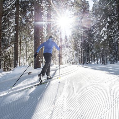 Mensch beim Langlaufen in verschneitem Wald bei Sonnenlicht, auf einer präparierten Loipe. | © Kleinwalsertal Tourismus eGen • Fotograf: Dominik Berchtold