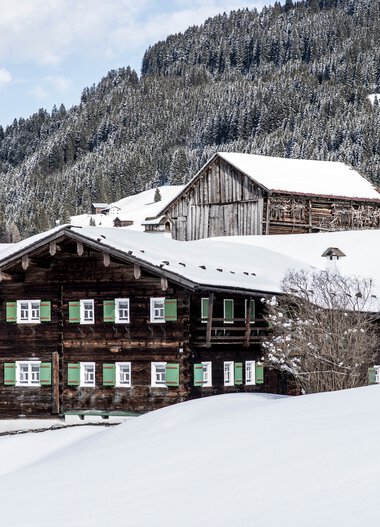 Traditionelles Holzhaus in schneebedeckter Winterlandschaft mit Bergen im Hintergrund. | © Kleinwalsertal Tourismus eGen • Fotograf: Dominik Berchtold