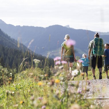Familie wandert auf einem Weg in den Bergen, umgeben von grüner Natur und bunten Blumen, bei sonnigem Wetter. | © Kleinwalsertal Tourismus eGen • Fotograf: Oliver Farys