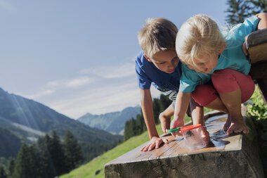 Zwei Kinder spielen im Freien auf einem Holzblock in den Bergen, bei sonnigem Wetter, mit grünen Wiesen und Bäumen im Hintergrund. | © Kleinwalsertal Tourismus eGen • Fotograf: Oliver Farys
