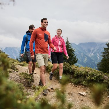Vier Wanderer spazieren auf einem schmalen Bergpfad im Kleinwalsertal. Im Hintergrund sind Berge und bewaldete Hänge zu sehen. | © Kleinwalsertal Tourismus eGen • Fotograf: Oliver Farys