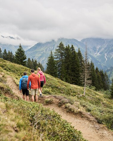 Gruppen von Wanderern unterwegs auf einem Weg in den Bergen, umgeben von Tannenbäumen und aufziehendem Himmel, im Kleinwalsertal. | © Kleinwalsertal Tourismus eGen • Fotograf: Oliver Farys