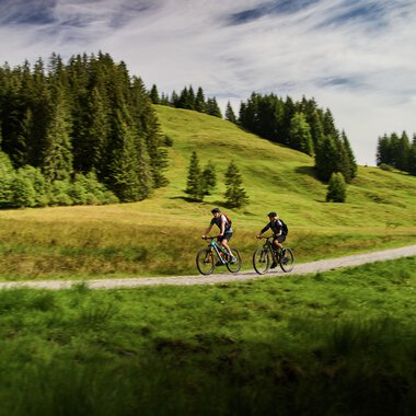 Zwei Radfahrer auf einem Waldweg im Kleinwalsertal, umgeben von grünen Hügeln und Wäldern, bei schönem Wetter. | © Kleinwalsertal Tourismus eGen • Fotograf: Oliver Farys