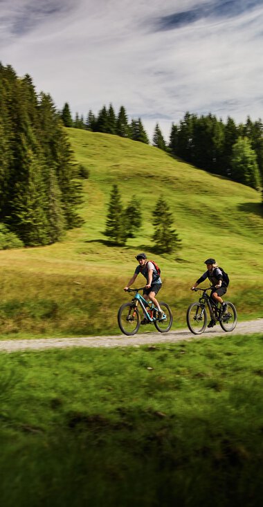 Zwei Radfahrer auf einem Waldweg im Kleinwalsertal, umgeben von grünen Hügeln und Wäldern, bei schönem Wetter. | © Kleinwalsertal Tourismus eGen • Fotograf: Oliver Farys