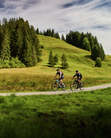 Zwei Radfahrer auf einem Waldweg im Kleinwalsertal, umgeben von grünen Hügeln und Wäldern, bei schönem Wetter. | © Kleinwalsertal Tourismus eGen • Fotograf: Oliver Farys
