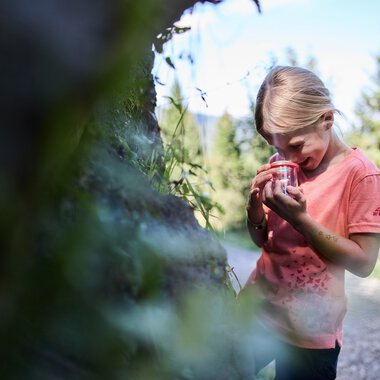 A young girl on a nature exploration adventure in Kleinwalsertal, holding a bug container and exploring nature around her. | © Kleinwalsertal Tourismus eGen • Photographer: Oliver Farys