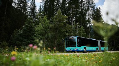 Ein moderner Bus fährt durch eine grüne, von Wald umgebene Landschaft bei schönem Wetter. | © Kleinwalsertal Tourismus eGen • Fotograf: Oliver Farys