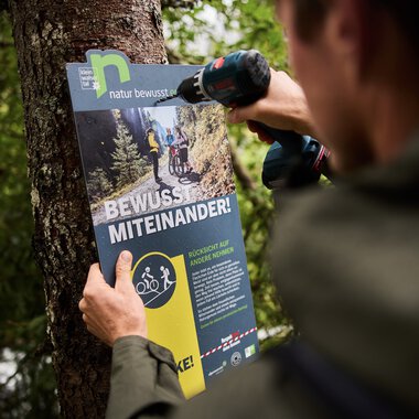 Ein Ranger befestigt ein Informationsschild im Wald, um Naturschutzmaßnahmen und Wissensvermittlung zu fördern. | © Kleinwalsertal Tourismus eGen • Fotograf: Oliver Farys