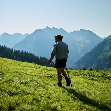 Eine Person wandert in einer grünen Alpenlandschaft mit Bergen im Hintergrund, bei sonnigem Wetter. | © Kleinwalsertal Tourismus eGen • Fotograf: Oliver Farys