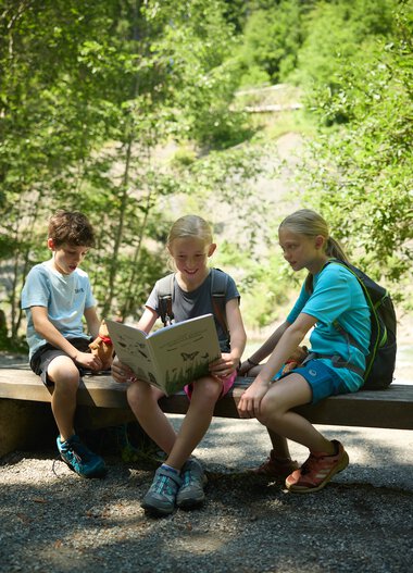 Drei Kinder sitzen im Schatten eines Baumes auf einer Holzbank im Wald, lesen gemeinsam ein Buch und genießen die Natur. | © Kleinwalsertal Tourismus eGen • Fotograf: Oliver Farys