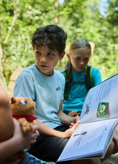 Drei Kinder im Grünen, eines liest ein Buch, eines hält ein Stofftier, beim Naturforscherabenteuer im Sommer 2024 im Kleinwalsertal. | © Kleinwalsertal Tourismus eGen • Fotograf: Oliver Farys