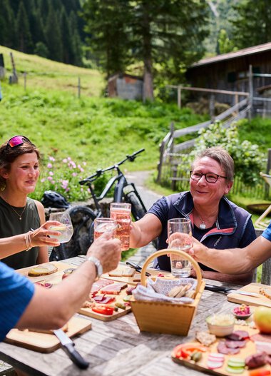 Vier Menschen sitzen draußen an einem Holztisch und stoßen mit Gläsern auf das Zusammensein an. Es gibt Käse, Wurst und Brot, im Hintergrund grüne Wiesen, Bäume und eine Hütte. | © Kleinwalsertal Tourismus eGen • Fotograf: Oliver Farys