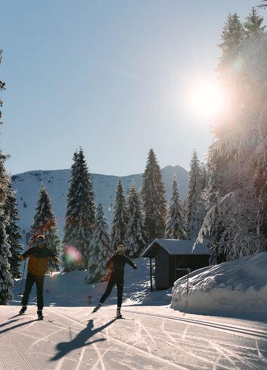 Zwei Skifahrer beim Langlaufen in verschneiter Winterlandschaft unter strahlendem Sonnenschein im Kleinwalsertal. | ©  Kleinwalsertal Tourismus eGen • Fotograf: Oliver Farys