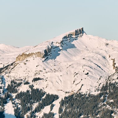 Schneebedeckte Berge und Wälder im Winter in den Alpen, Blick auf die Kanzelwand im Kleinwalsertal. | © Kleinwalsertal Tourismus eGen • Fotograf: Oliver Farys