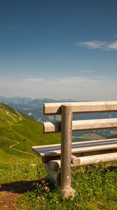 Eine Holzbank auf einer grünen Wiese in den Bergen mit Blick auf den Talboden und sattgrünen Hängen. | © Kleinwalsertal Tourismus eGen • Fotograf: Robert Niederwolfsgruber