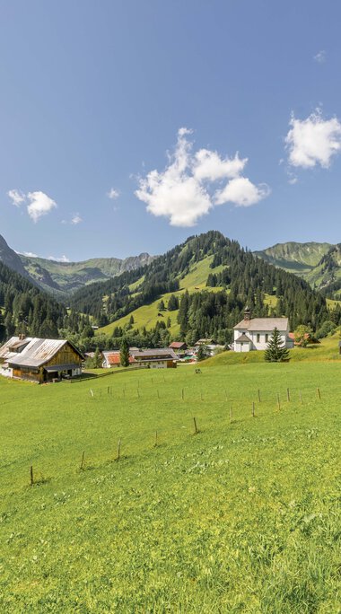 Bild eines grünen Hügels mit mehreren Häusern und Bergen im Hintergrund bei sonnigem Wetter. | © Kleinwalsertal Tourismus eGen • Fotograf: Steffen Berschin 