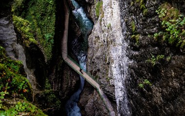 Blick vom Zwingsteig in die Breitachklamm im Sommer, enges Tal mit Wasser und Felsen, Umgeben von grüner Vegetation. | © Kleinwalsertal Tourismus eGen • Breitachklamm • Fotograf: Domink Berchtold