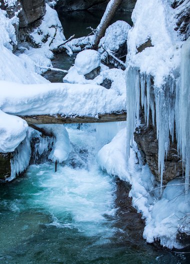 Bach in der Breitachklamm im Winter, umgeben von gefrorenem Wasser und Schnee, mit eisbedeckten Felsen und Eiszapfen. | © Kleinwalsertal Tourismus eGen • Breitachklamm • Fotograf: Frank Drechsel