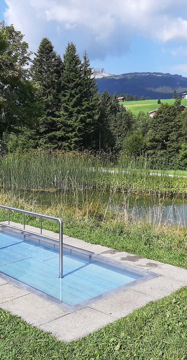 Wassertretbecken im Kurpark mit Wasser und Natur, umgeben von grünen Wiesen, Bäumen und Bergen im Hintergrund. | © Kleinwalsertal Tourismus eGen