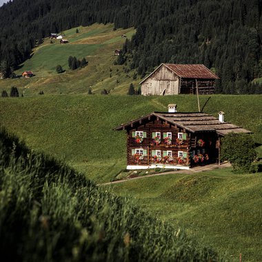 Ein traditionelles Walserhaus inmitten grüner Hügel mit Bergen im Hintergrund, umgeben von einer malerischen Landschaft. | © Kleinwalsertal Tourismus eGen • Fotograf: Oliver Farys