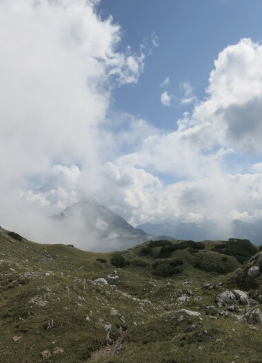 Berglandschaft mit grünen Hügeln und Wolken am Himmel, im Hintergrund Gebirge. | © Kleinwalsertal Tourismus eGen • Fotograf: Antje Pabst