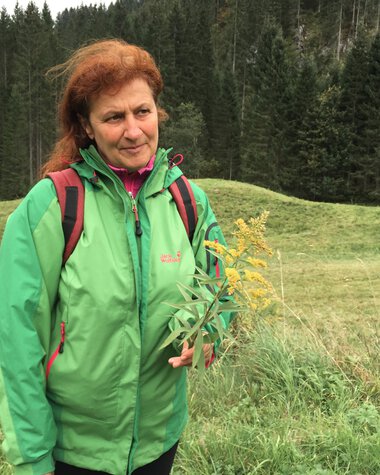 Frau in grüner Jacke bei einem Spaziergang in der Natur, umgeben von Wiesen und Bäumen im Kleinwalsertal.