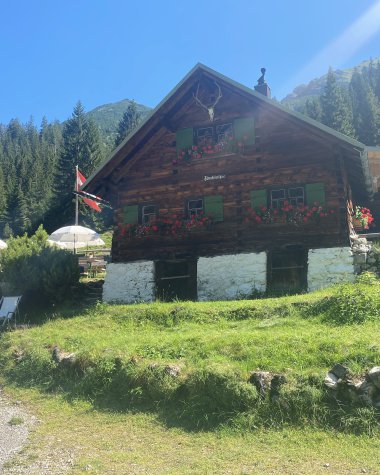 Gemütliches altes Chalet aus Holz mit bunten Fensterläden und Blumen, in einer bergigen Landschaft bei Sonnenschein.