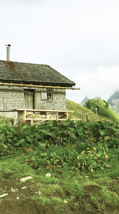Ein ländliches Haus im Gebirge mit grünen Wiesen, Berge im Hintergrund und bewölktem Himmel.