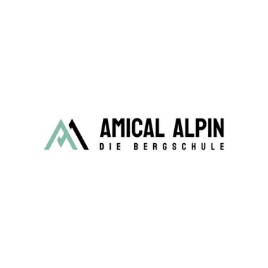 Logo der Amical Alpin Bergschule mit Bergsymbol und Firmenname in Schwarz.