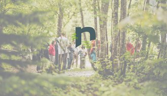 Gruppe von Menschen, die einen Waldweg im Sonnenlicht entlanggehen, mit Bäumen und grüner Natur im Hintergrund.