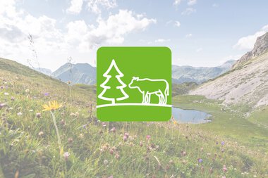 Bild einer Berglandschaft mit Blumenwiese, Seen und Bergen im Hintergrund, mit einem grünen Tierschutz- und Naturschutz-Logo in der Mitte.