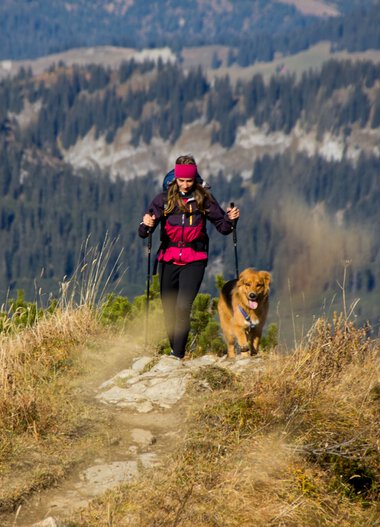 Frau wandert mit Hund auf einem Wanderweg in den Bergen im Herbst.