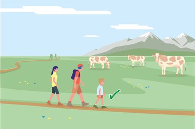 Familie mit Kind wandert auf einem Pfad an grasenden Kühen in den Bergen vorbei, unter blauem Himmel.